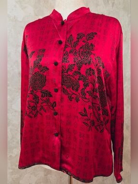 Vintage Chico’s Design 100% Silk Blouse Red Black Mandarin Collar Button Front